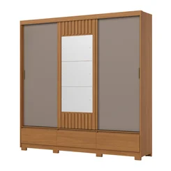 Roupeiro Delvin 3 Portas Deslizante 3 Gavetas Cinamomo/Off White/Avelã - Henn