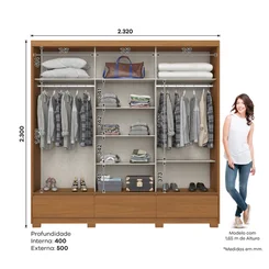 Roupeiro Delvin 3 Portas Deslizante 3 Gavetas Cinamomo/Off White/Avelã - Henn