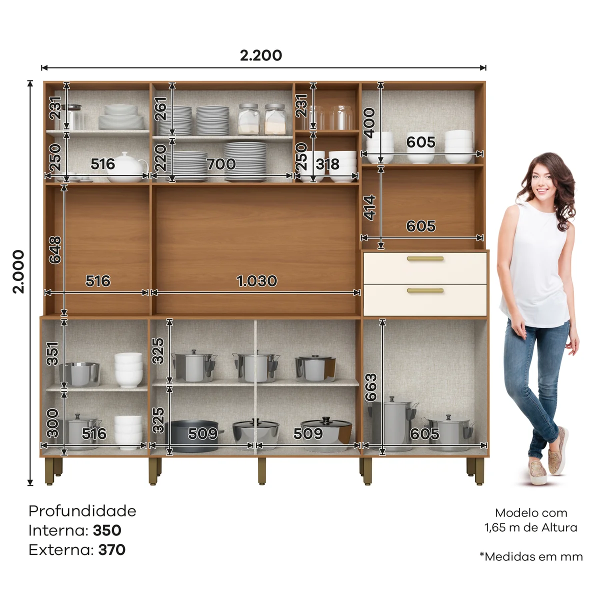 Kit Cozinha 8 Portas 2 Gavetas Cinamomo/Off White B131-221 - Henn