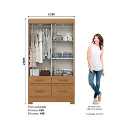 Roupeiro 2 Portas Deslizante 4 Gavetas Cinamomo/Off White BE25-227 - Henn