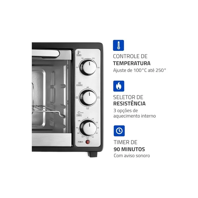 Forno Elétrico Mondial Grand Family II 52L FRN-52-B Preto/Inox 127V - AP / MT