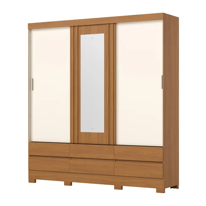 Roupeiro 3 Portas Deslizantes 6 Gavetas C/Espelho BE427-226 Cinamomo/Off White - Henn