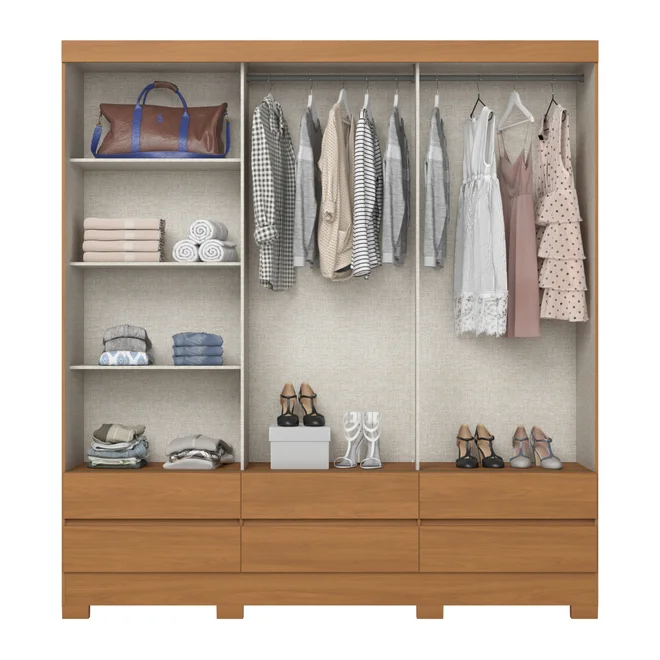 Roupeiro 3 Portas Deslizantes 6 Gavetas C/Espelho BE427-226 Cinamomo/Off White - Henn