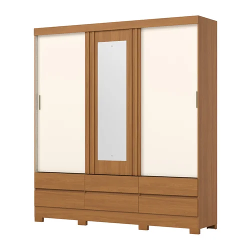 Roupeiro 3 Portas Deslizantes 6 Gavetas C/Espelho BE427-226 Cinamomo/Off White - Henn