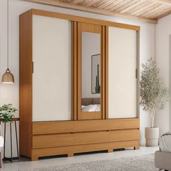 Roupeiro 3 Portas Deslizantes 6 Gavetas C/Espelho BE427-226 Cinamomo/Off White - Henn
