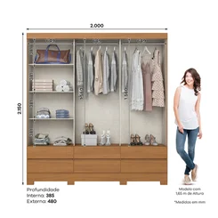 Roupeiro 3 Portas Deslizantes 6 Gavetas C/Espelho BE427-226 Cinamomo/Off White - Henn