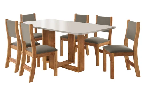 Mesa Iris Com 6 Cadeiras Sol Mel Blonde Veludo Perola - Viero