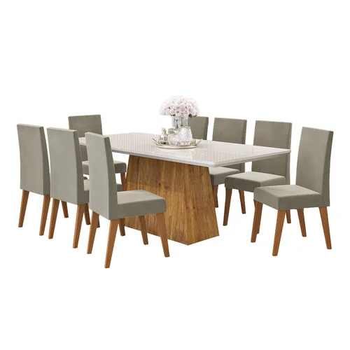 Mesa Charme Com 8 Cadeiras Milão Mel Off White Veludo Perola - Viero