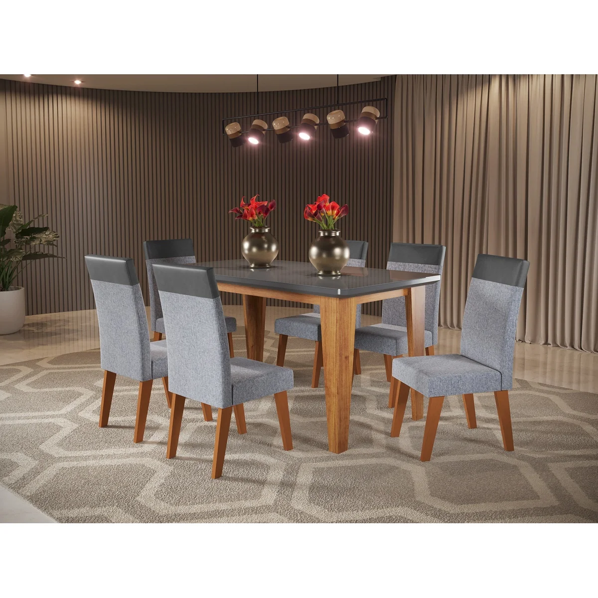 Mesa Tarsila Com 6 Cadeiras Veneza Mel Grafite Inox Chumbo - Viero