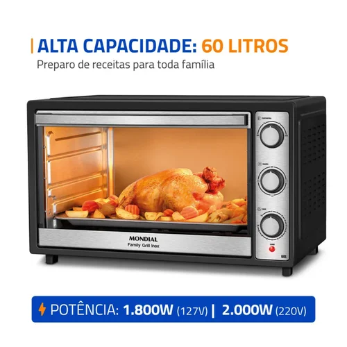 Forno Elétrico Family Grill Inox Preto 60 Litros 1800W - FRN-60-BI - Mondial