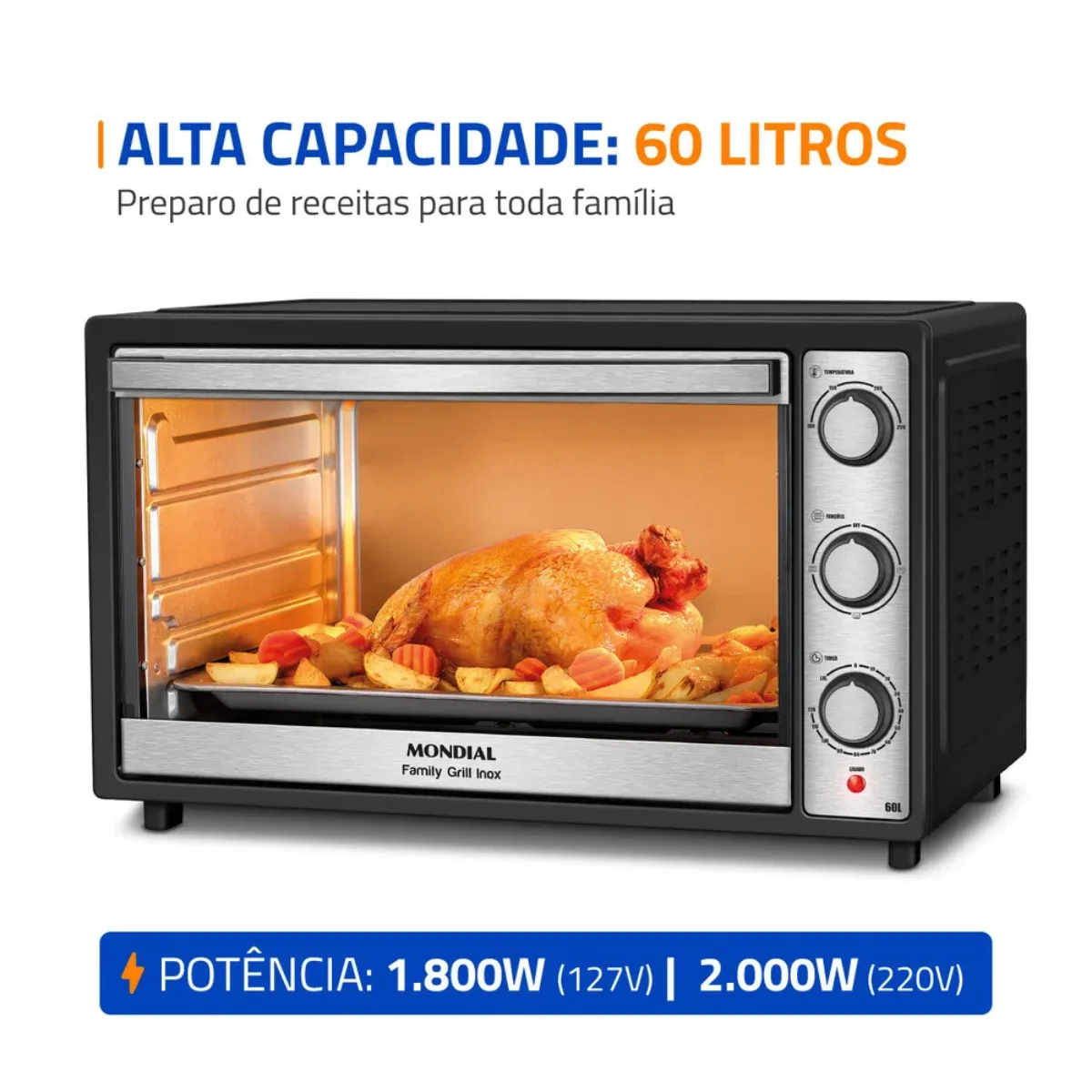 Forno Elétrico Family Grill Inox Preto 60 Litros 1800W - FRN-60-BI - Mondial
