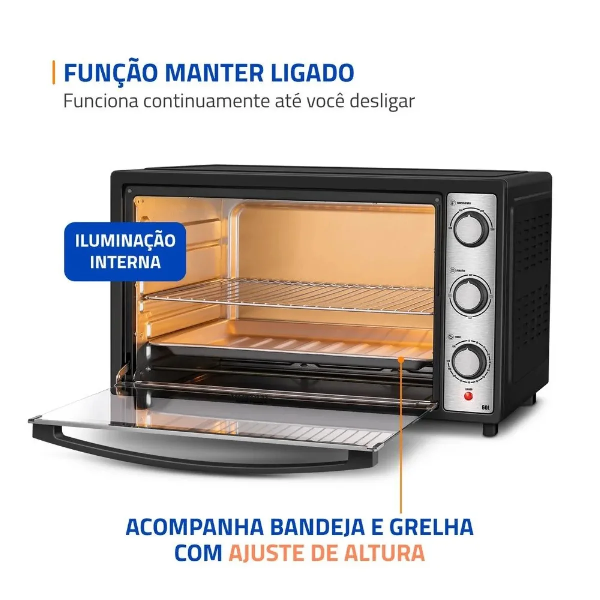 Forno Elétrico Family Grill Inox Preto 60 Litros 1800W - FRN-60-BI - Mondial