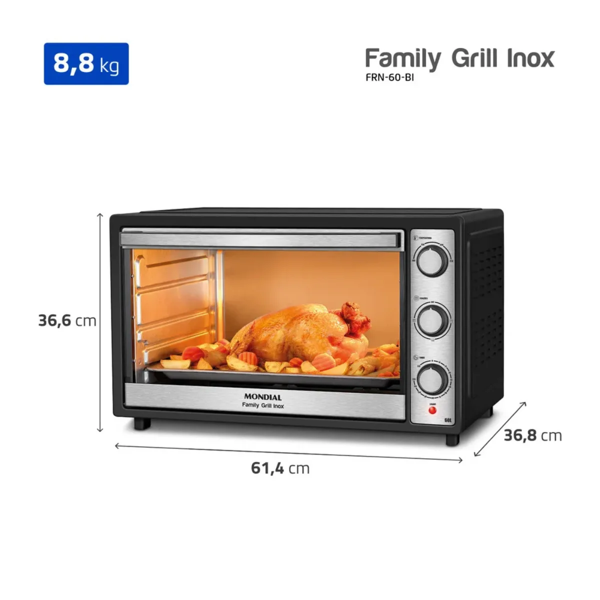 Forno Elétrico Family Grill Inox Preto 60 Litros 1800W - FRN-60-BI - Mondial