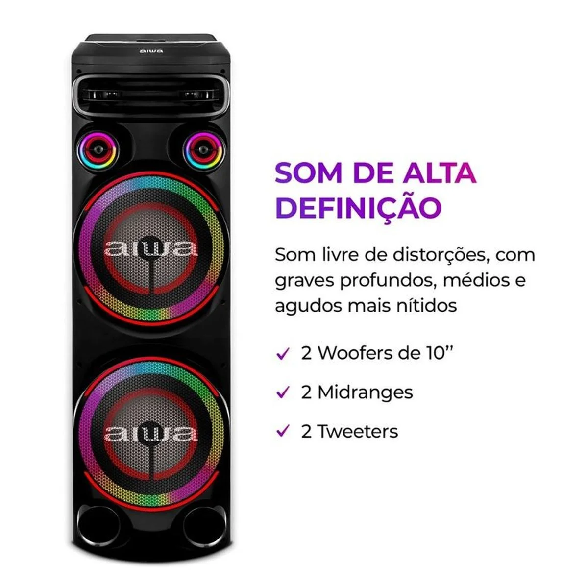 Torre de Som Aiwa AWS-T2W-02 2300W Bluetooth RGB USB FM DJ Bivolt - AP / MT
