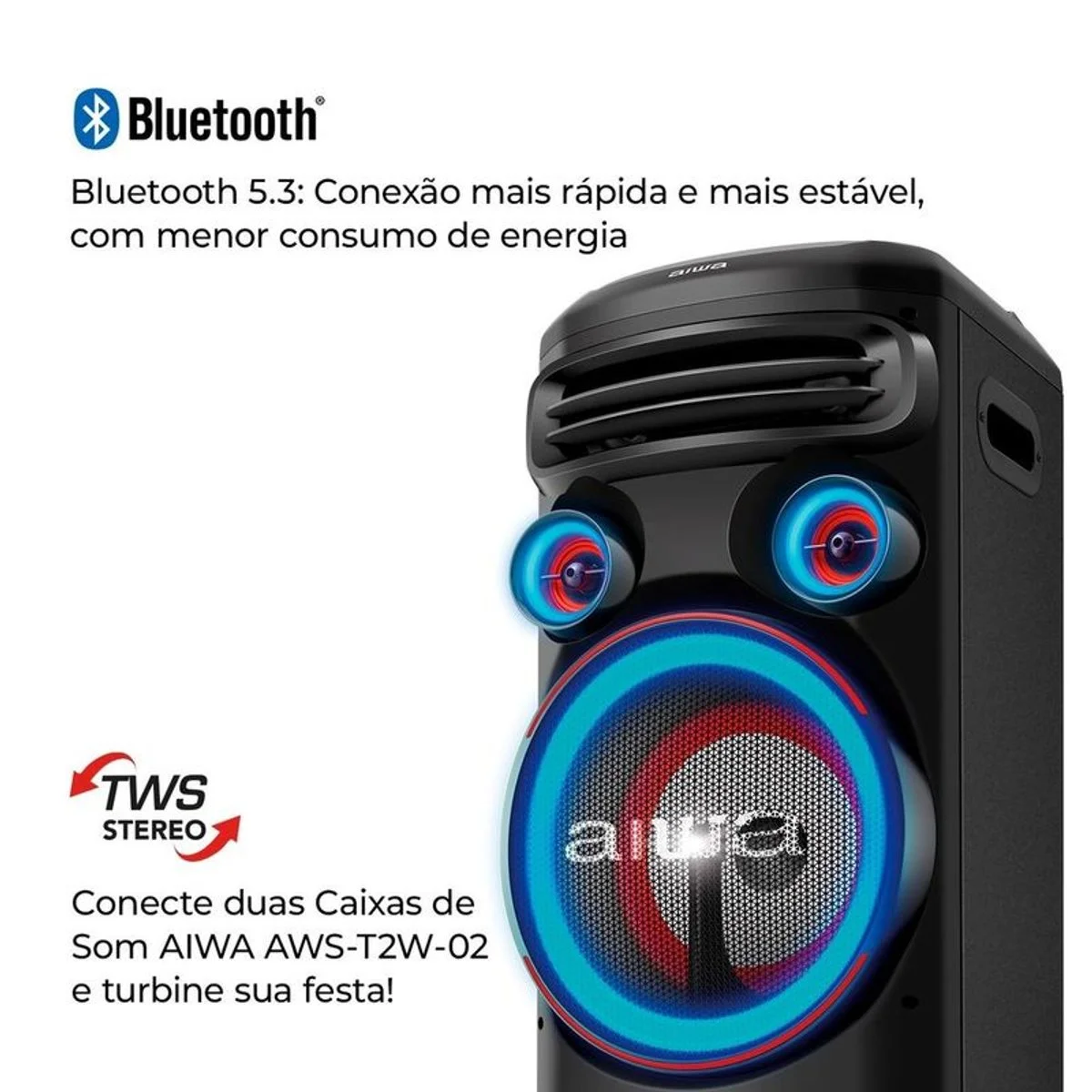 Torre de Som Aiwa AWS-T2W-02 2300W Bluetooth RGB USB FM DJ Bivolt - AP / MT