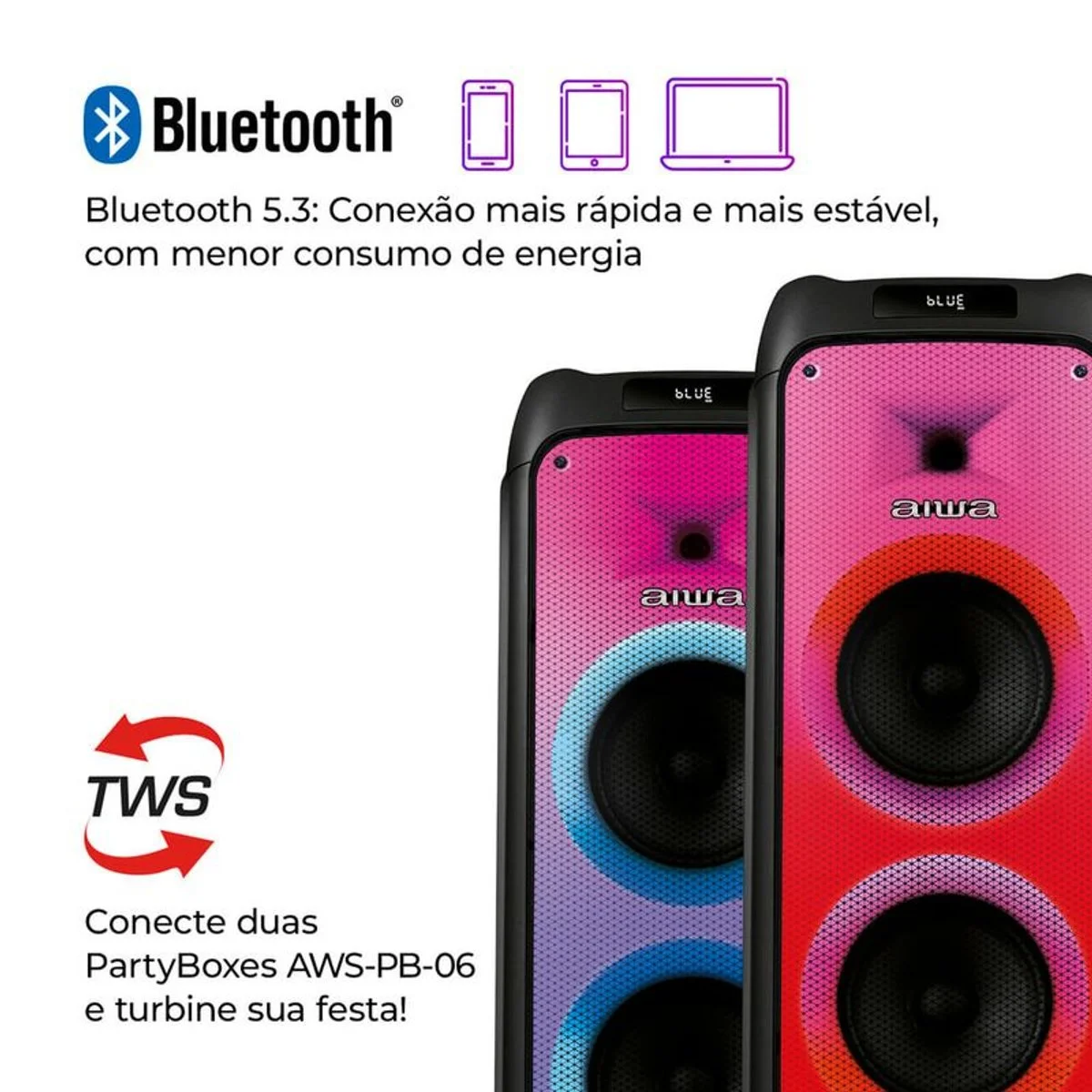 Caixa de Som Party Box AIWA AWS-PB-06 Bluetooth 20H RGB USB TWS - Preto - AP / MT