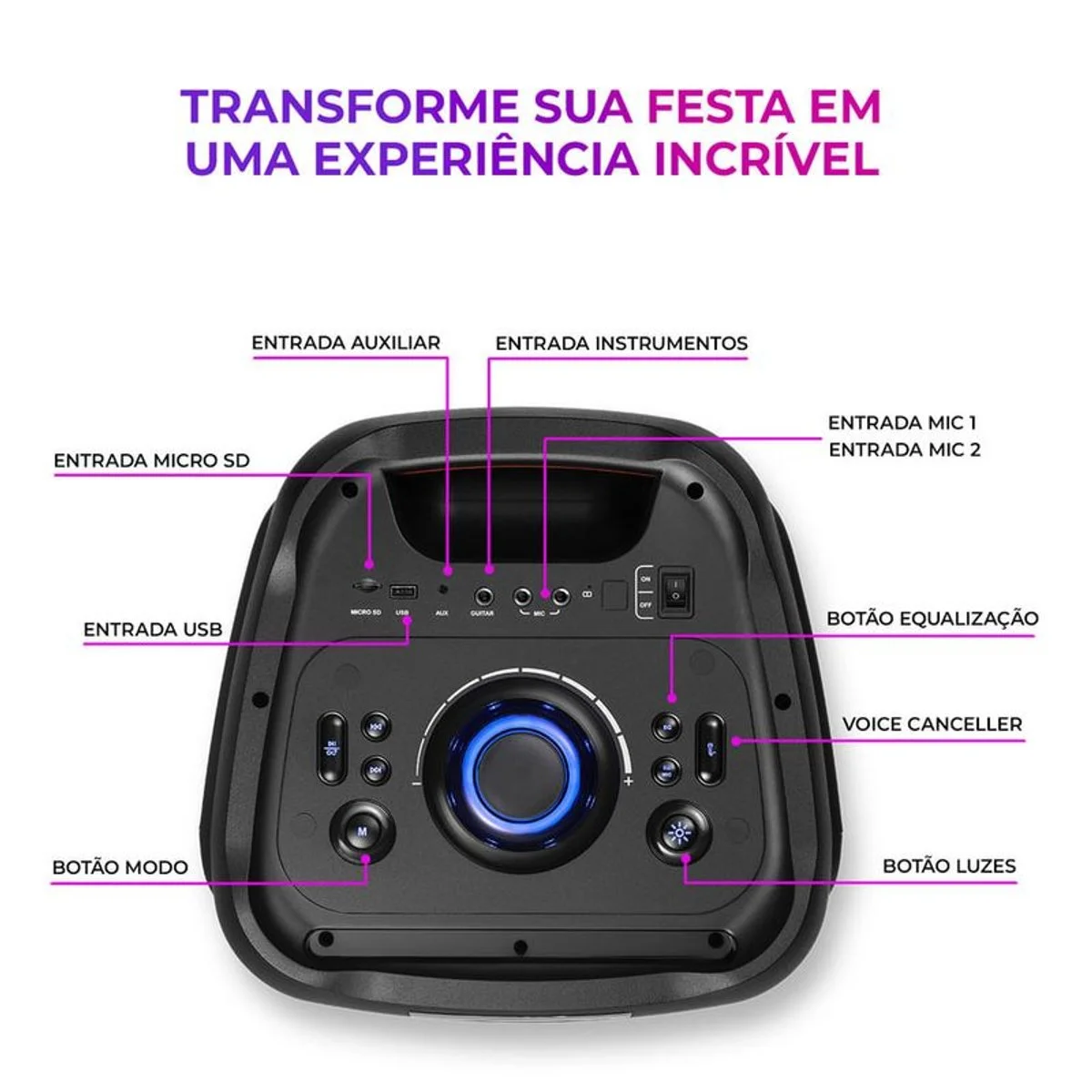 Caixa de Som Party Box AIWA AWS-PB-06 Bluetooth 20H RGB USB TWS - Preto - AP / MT