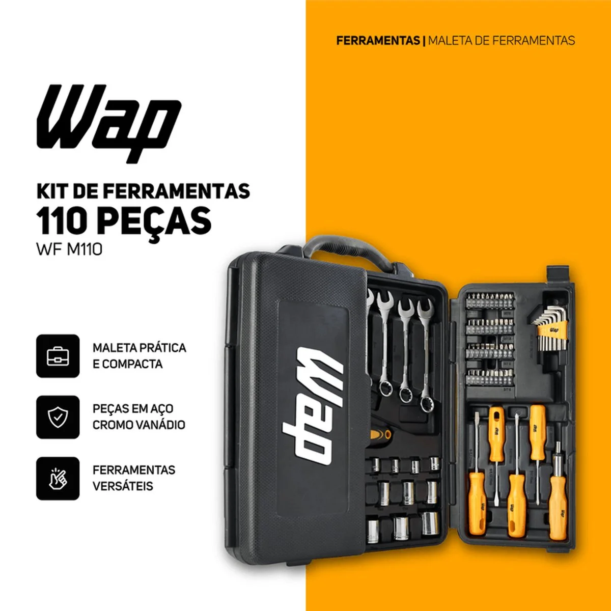 Kit de Ferramentas WAP 110 Peças WF M110 em Aço Cromo Vanádio com Maleta Organizadora - AP / MT