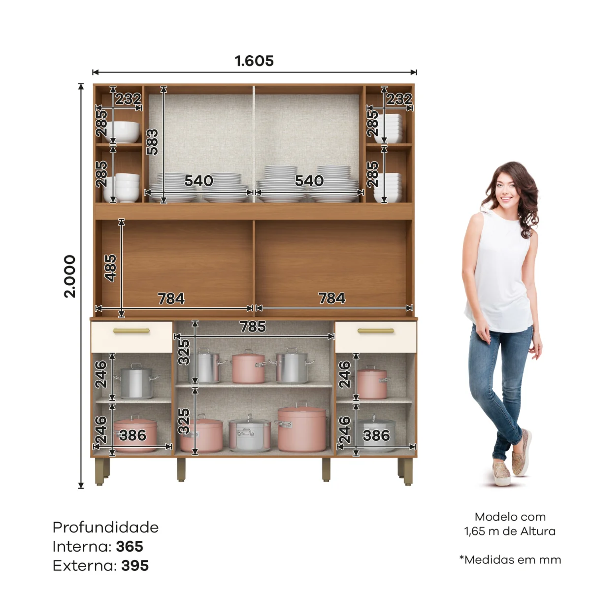 Kit Cozinha Compacta 6 Portas 2 Gavetas B130-221 Cinamomo/Off White Henn