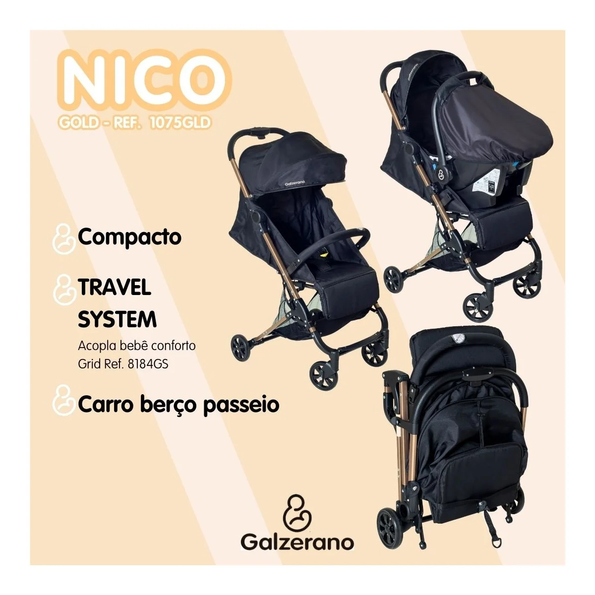 Carrinho De Bebê Nico Gold 1075GLD - Galzerano