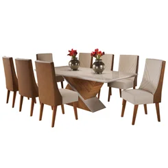 Mesa Glam Com 8 Cadeiras Topázio Mel Off White Bronze - Viero