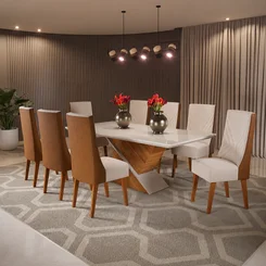 Mesa Glam Com 8 Cadeiras Topázio Mel Off White Bronze - Viero