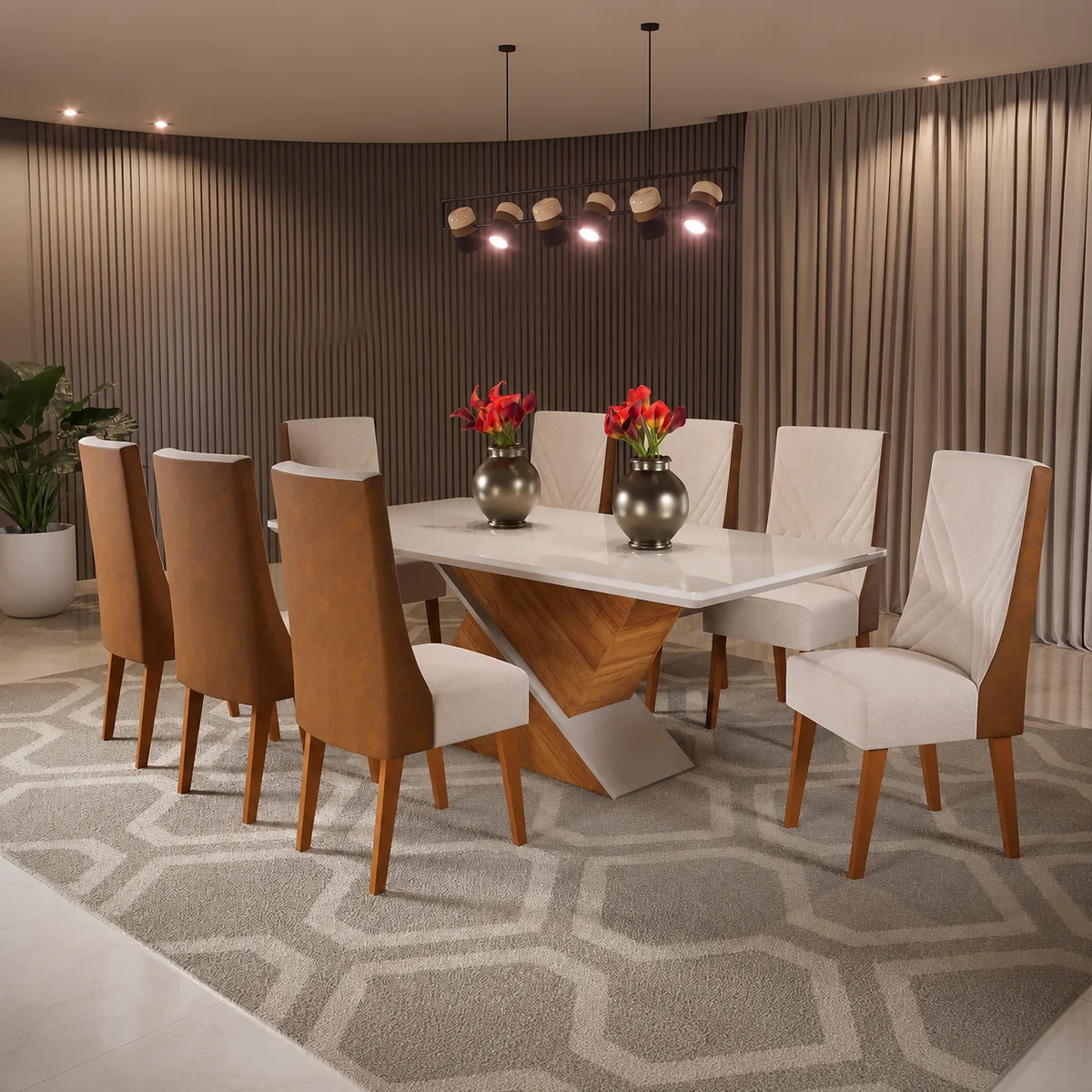 Mesa Glam Com 8 Cadeiras Topázio Mel Off White Bronze - Viero