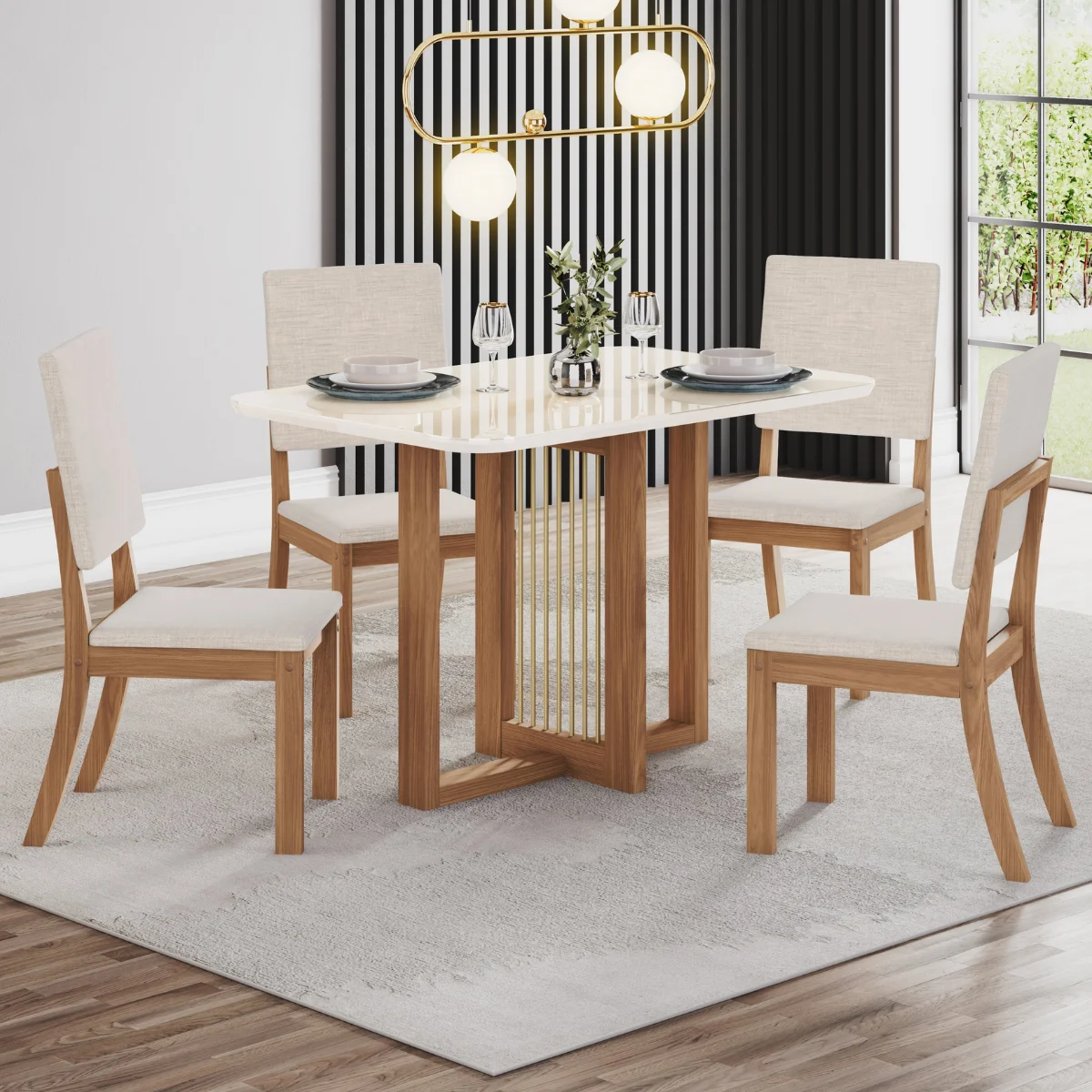 Mesa Natali Nature/Off White Com 4 Cadeiras Milla Linho SE508-507 - Henn