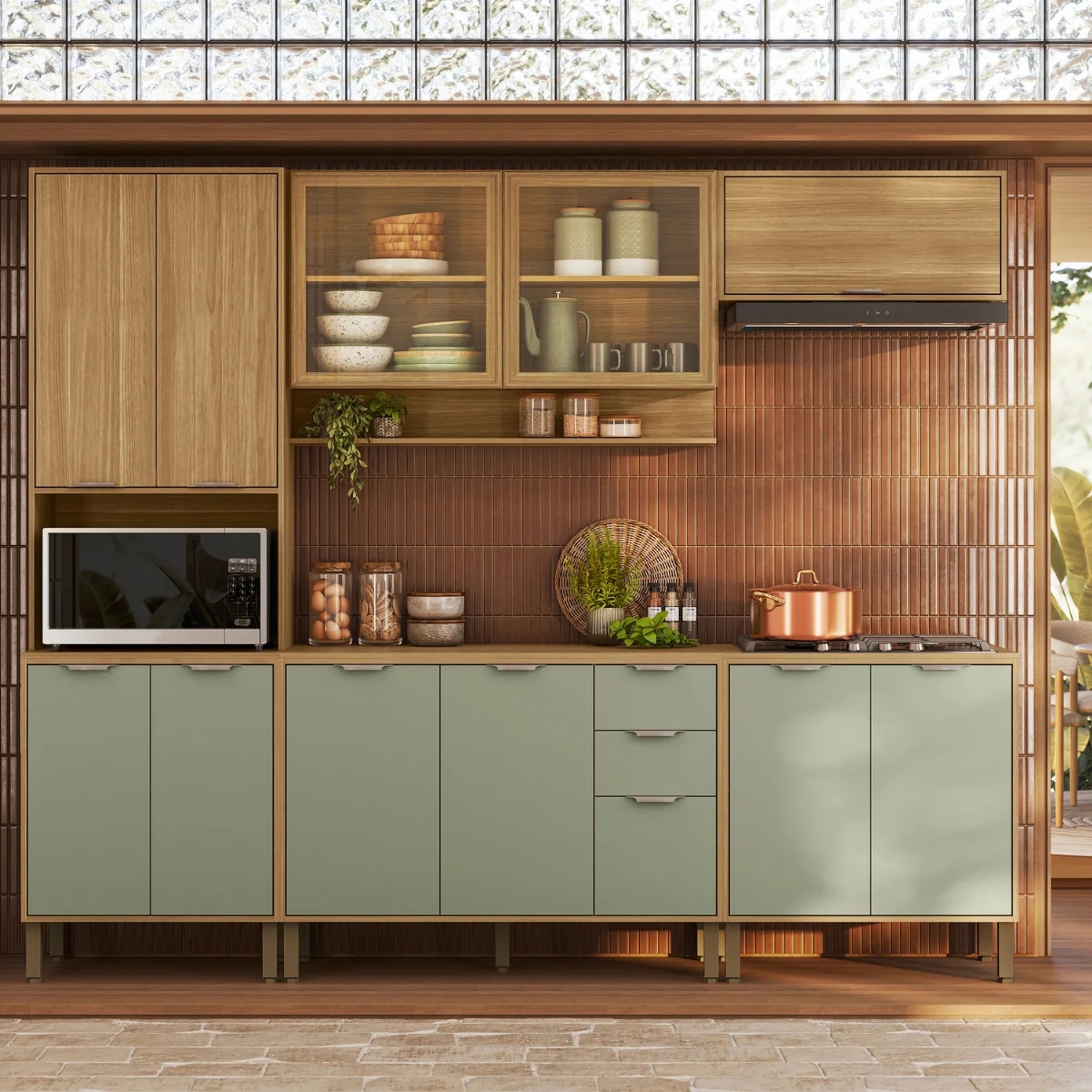 Cozinha Linha Colors 5 Peças 7017 Freijo/Alecrim 9057 - Kits Paraná